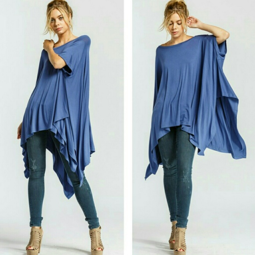Blue Poncho Style Tunic OS--Made in USA